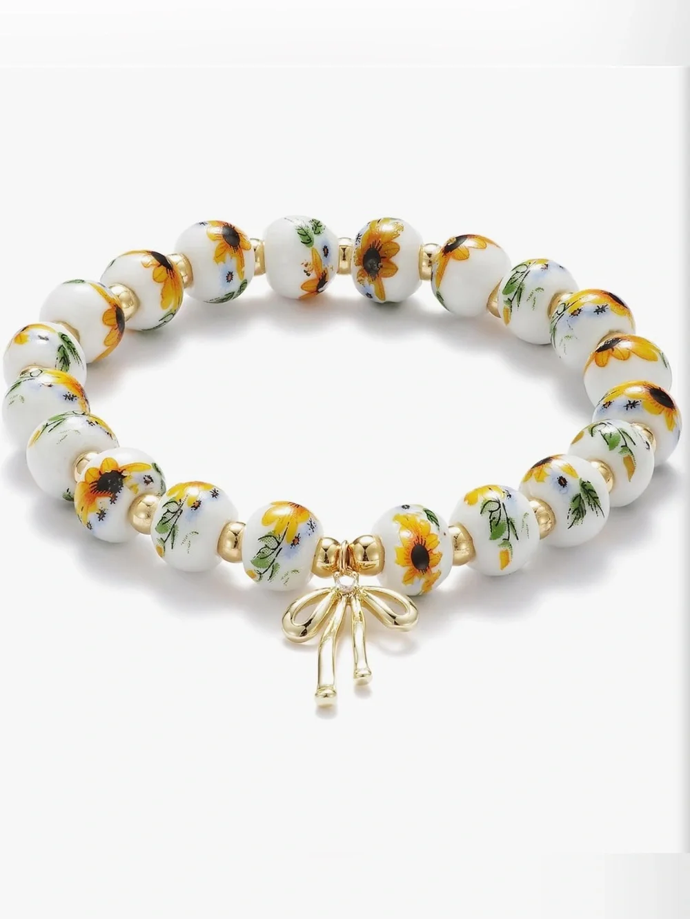 ❤️ Handmade Sunflower Bead Stretch Bracelet 18K Gold Plated White Yellow Bow - Picture 1 of 2